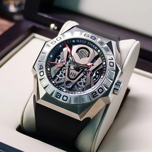 Reef Tiger/RT Top Brand Men Sport Dive Watches Automatic Mechanical Skeleton Watch Rubber Strap Steel Waterproof Men Watches