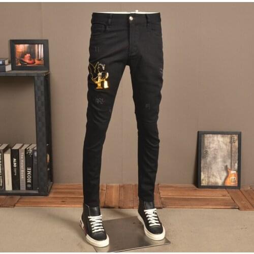 Fashion Embroidery Black Jeans Men Ripped Denim Pants 2021 New Streetwear Casual Slim Fit Trousers