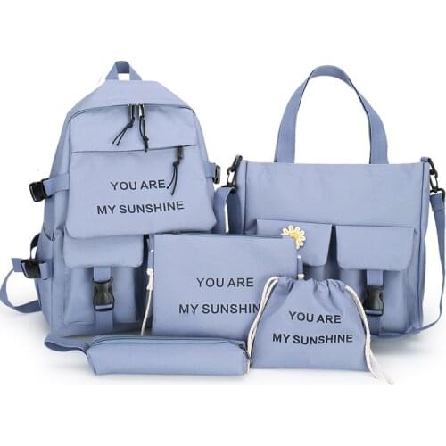 Solid Color 5Pcs/set Canvas School Bags for Teenage Girls Preppy Style Laptop Backpacks Women Book Bag College Travel Backpack