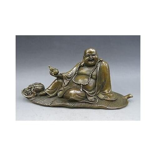 China fine brass carved sculpture buddsim Maitreya buddha leaf statues