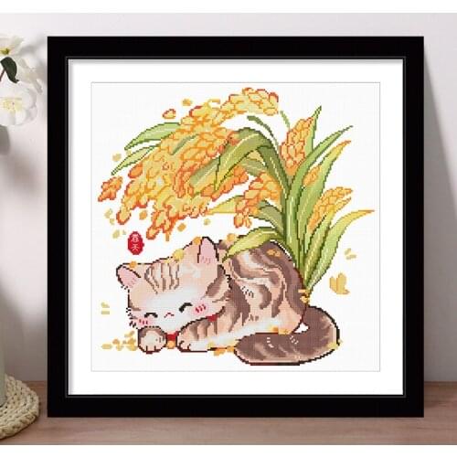 DIY printed cross stitch kits Cute cartoon pattern with rice and small tabby cat crafts for kids and fun home activities