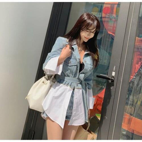 New 2020 Autumn Winter Womens Denim Jackets Patchwork Sashes Lace Up Outerwear High Street Fashionable Jeans