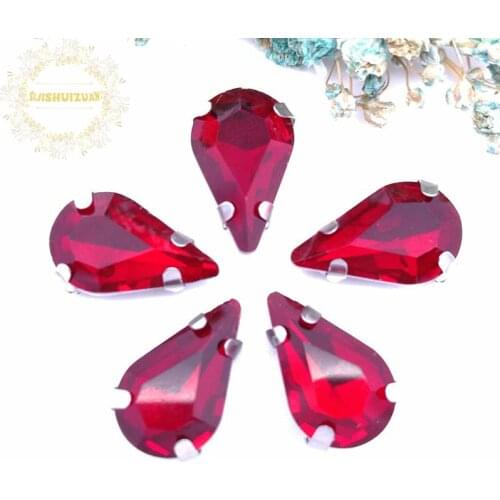 New ! Red fine Water drop Crystal Glass Sew-on Rhinestones with Claw DIY wedding Dresses and Clothes 5*8 6*10 8*13