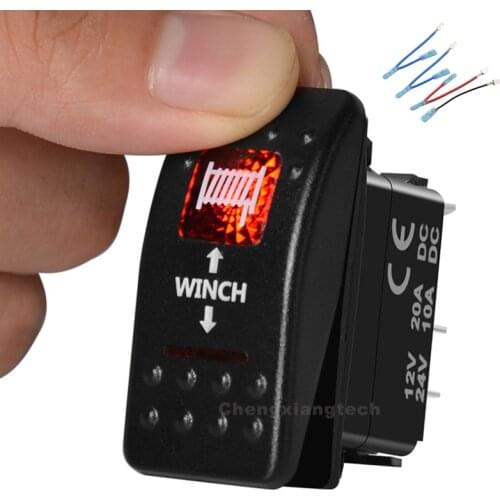 Printed Rocker Switch Winch In/Out Red Led 7P Momentary ON/OFF Momentary ON DPDT Waterproof Car Boat 12v/24v+Jumper Wires Set