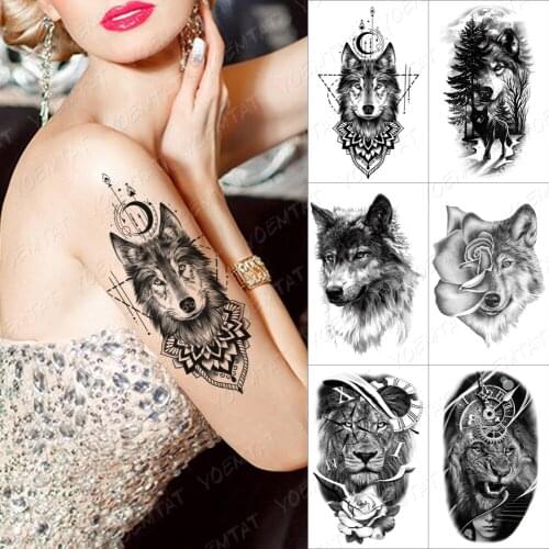 Watertransfer Temporary Tattoo For Men Women Forest Animals Moonlight Henna Wolf Tatto Sticker Tiger Lion Body Art Fake Tatoo