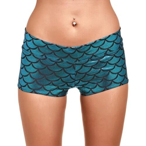 CUHAKCI Mini Shorts Workout Mermaid Fish Scale Print Shorts Women Girls Polyester Shiny Shorts Stretchy Bodycon Party