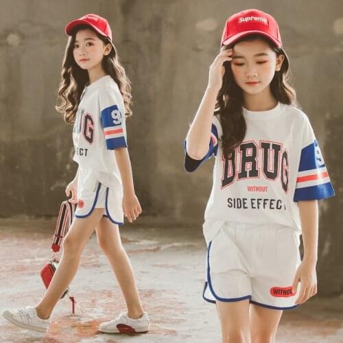 Teenage Girls Sports Suit Children Clothing Summer White Blue Red New Maple T-shirt + Shorts Two Pieces Kids Clothes 10 12 Year