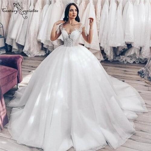 Princess Wedding Dress 2020 Long Sleeve Bride Dresses Ball Gown Lace Appliques Beaded Lace Up Sparkle Plus Size Bridal Gowns