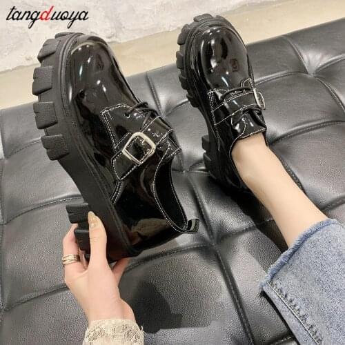 Women Shoes Black Leather Oxford Shoes Woman High Heels Thick Bottom Platform shoes Loafers Casual Shoes lolita shoes