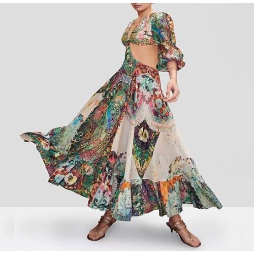 TVVOVVIN Women Dress Printed Spaghetti Strap Dresses Deep V Neck Hollow Out Large Hem Maxi Dress Plus Size Sexy Party Dresses M0