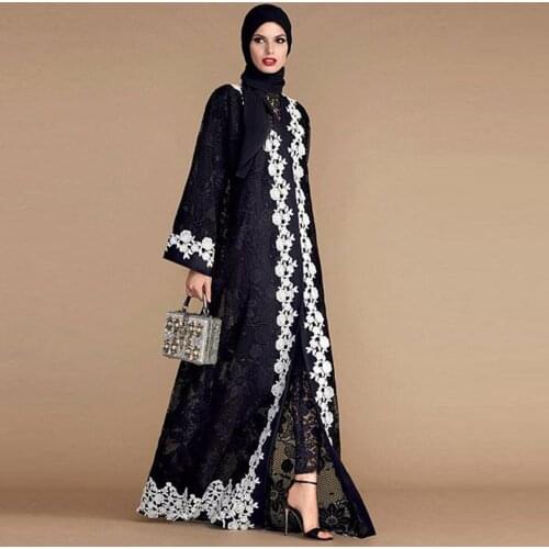 Black Lace Stitching White Lace Dubai Islamic Turkey Cardigan islamic clothing abaya turkey muslim sets