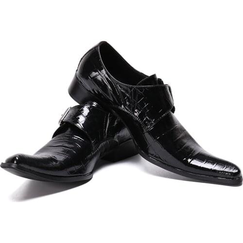 Christia Bella Business Formal Mens Black Genuine Leather Buckle Shoes Classical Male Large Size Shoes Men Pointed Toe Shoes