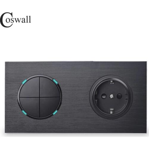 Coswall Black Aluminum Metal Panel 16A EU Standard Wall Power Socket + 4 Gang 1 Way On / Off Light Switch LED Indicator