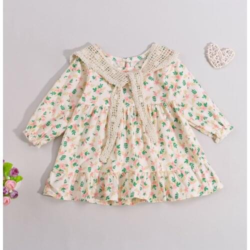Spring Autumn Kids Baby Sweet Dress Floral O-Neck Long Sleeves Loose A-line Dress + Removable Hollow Capelet for Girls