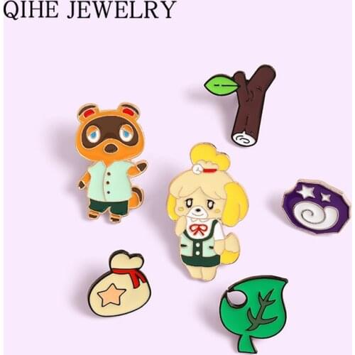 Animal Crossing Enamel Pins Tom Nook Isabelle Branch Leaf Purse Brooch Bag Clothes Lapel Pin Badge Jewelry Gift for Game Fans