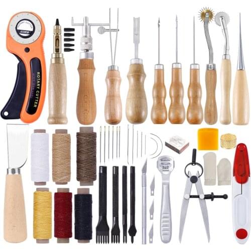 LMDZ 53 Pieces Beginners Leather Work Tools, Leather Working Kit with Instructions, Leather Groover, Awls, Prong Punch