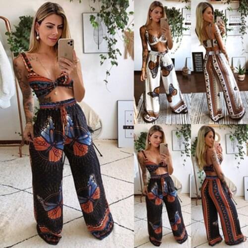 Two Piece Set Women Pant Suits Butterfly Printed Sleeveless Crop Tops And Loose Wide Leg Pant Casual Summer Femme 2021 Sexy Sets