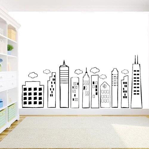 SMALL Whimsical Doodled City Skyline Wall Decals for Kids Rooms Schools Nursery Decor Wall Decal City Doodled Vinyl Mural X758