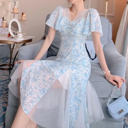 Vintage Chiffon Fairy Dress Women Elegant Floral Print Split Victorian Dress 2021 Summer Holiday Korean Long Party Dress Wedding