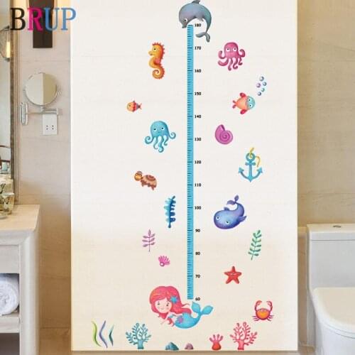 Cartoon Ocean Animals Kids Height Wall Stickers Mermaid Dolphin Seahorse Home Decor for Kids Room Fish Bathroom Decoration