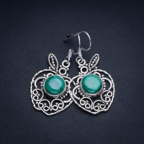 Natural Malachite Bohemian 925 Sterling Silver Drop Earrings 1 1/2" R2372
