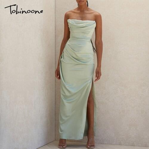 Tobinoone Off Shoulder Maxi Long Dress Women Side Split Backless Autumn Winter Dresses Ruched Satin Bodycon Dress 2020 Vestidos