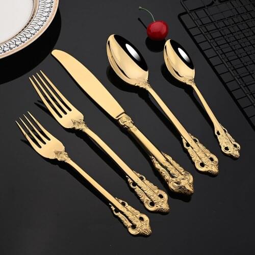 Luxury Gold Plated Wedding Retro Cutlery Dinnerware Set 18/10 Stainless Steel Tableware Party Silverware Knife Fork Spoon Set