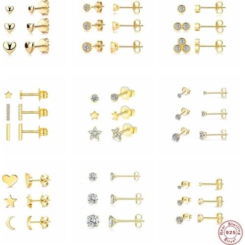 3PCS/Set Piercing Aretes Real 925 Sterling Silver Moon Star Love Heart Stud Earring For Women plata de ley 925 Earrings Jewerly