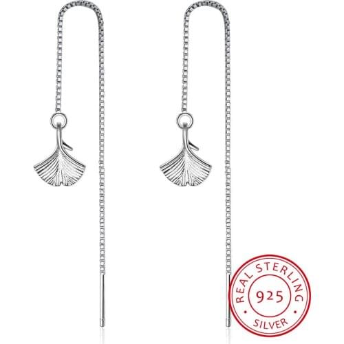 LEKANI Real 925 Sterling Silver Long Dangle Earrings Fine Jewelry Vintage Gold Ginkgo Leaf Drop Earrings for Women