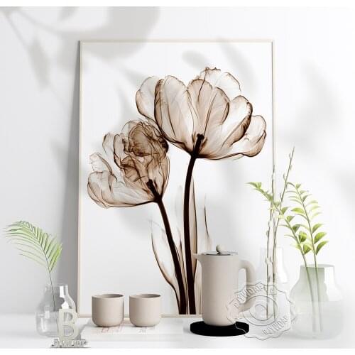 Nordic Modern Abstract Flower Art Poster, White Dark Brown Plant Wall Art Prints, Minimalist Light Color Home Living Room Decor