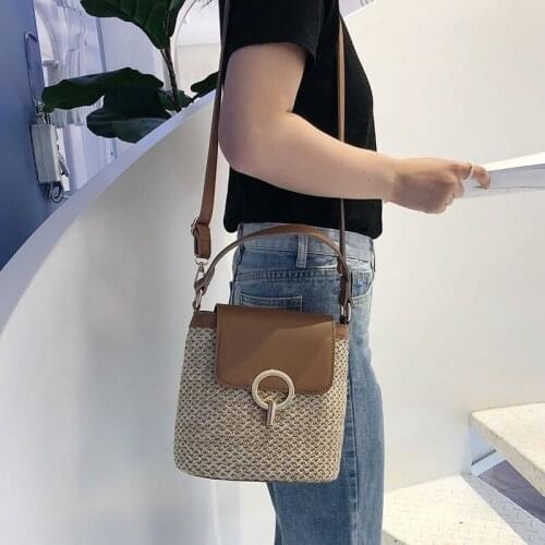 Textured Woven Bag Handbag New Fashion Tide Korean Version of Casual Summer Buckle Bucket Bag Mobile Messenger