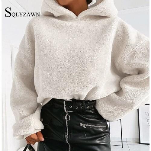Hooded Plush Autum Long Sleeve Sweatshirt Casual Soft Faux Fur White Hoodies Women Streetwear Harajuku Clothes Short Hoodies Top