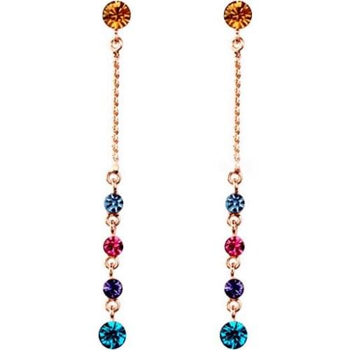 R.A Top Quality Rose Gold Color Stellux Austrian Colorful Crystals Women Long Chain Drop Earrings