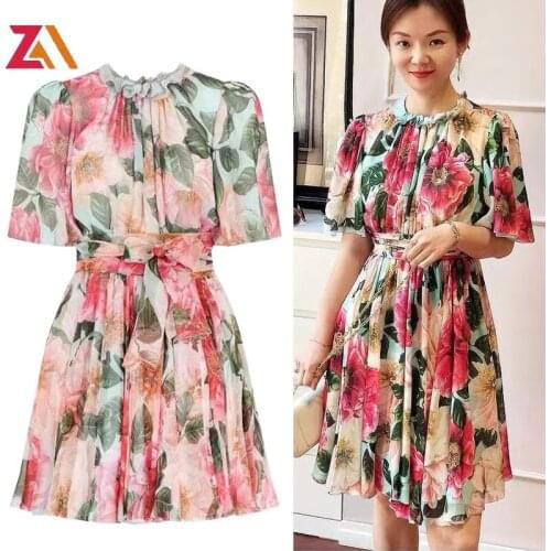 ZALady designer runway beach chic mini dress summer elegant floral print high waist ruffles Bandage party night dress plus size