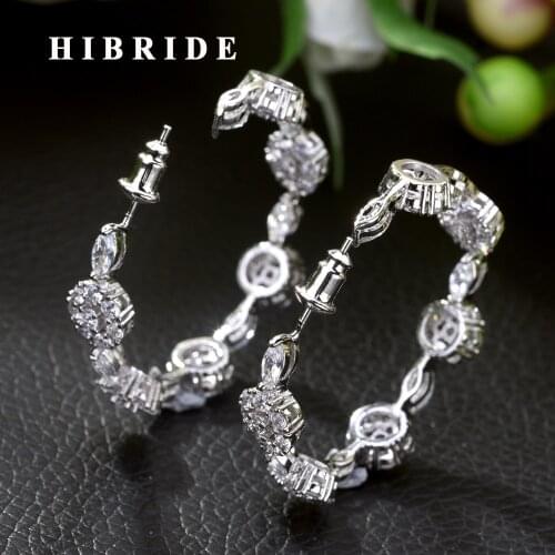 HIBRIDE Latest Fashion Hollow Out Piercing Hoop Earrings Full CZ Prong Setting Silver Plated Charm Jewelry for Women Gift E-455