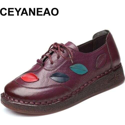 CEYANEAO handmade sewing shoes for women genuine leather flat lacing shoes for women soft moccasins casual shoes for women