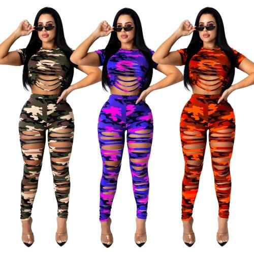 Women Camouflage Print Hole 2 Pieces Set Mini Tee Tops Hollow Out Jogger Pants Suit Two Piece Set Sport Tracksuit Outfits S-XXL