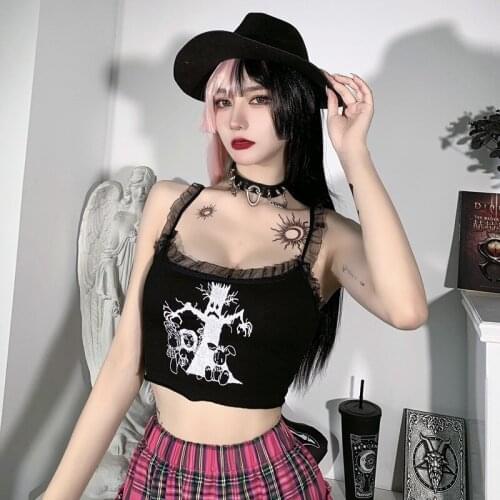 Mall Goth Darkness Print Black Camis Grunge Punk Knitted Bodycon Camis Sexy Mesh Trim Harajuku Women Summer Gothic Cropped Tops