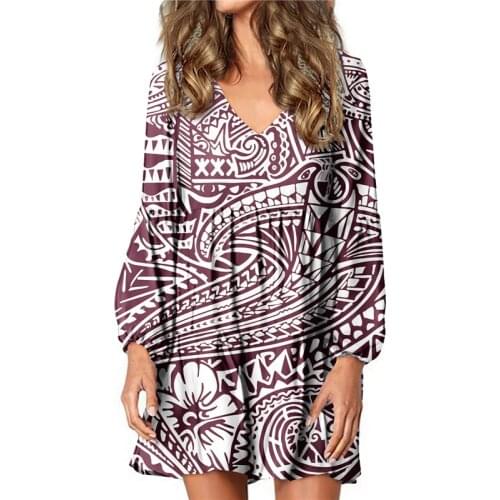 Hycool Women Lantern Sleeve Dark Red Dress Custom Your Pattern Polynesian Tribal Print Lady Plus Size Loose Sexy V Neck Dresses