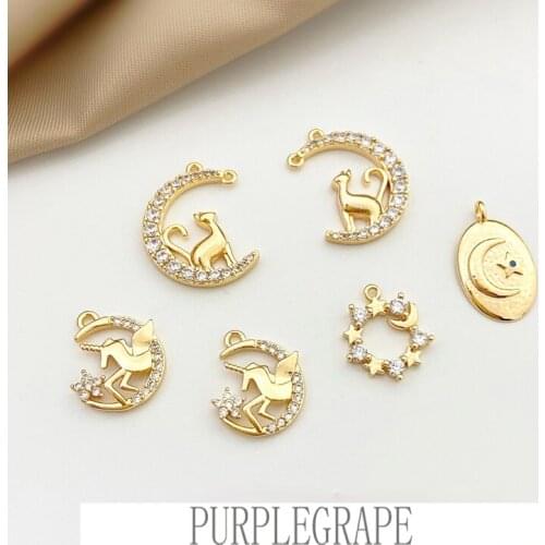 18K gold inlaid zircon romantic fairy moon cat unicorn pendant DIY earrings necklace bracelet material