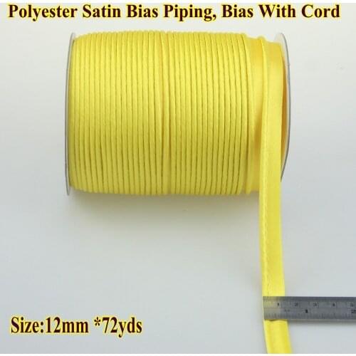 Free Shipping-Polyester satin Bias Tape with cord,Piping tape,size: 12mm,1/2",72yds for DIY handmade garment color yellow