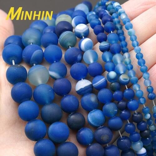MINHIN Natural Stone Beads Matte Blue Striated Agates Loose Beads For Jewelry Making 4/6/8/10/12MM DIY Bracelets