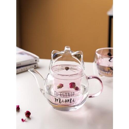 Cat Teapot Heat Resistant Lovely Floret Household Filter Set Double Glass Cup Set Cat Paw Cups