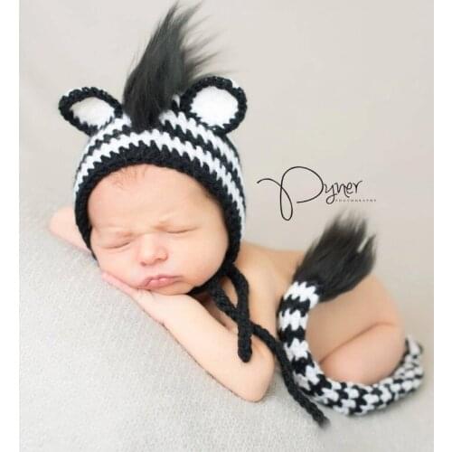 Baby Knitted Long Tails Zebra Hat Newborn Photography Props Black White Stripe Crochet Baby Hats Baby Props For Fotografia