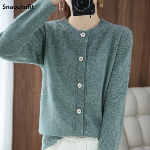 Spring Autumn,Hollow Knitted Pure Wool Cardigan Womens Sweater,Large Size Loose,Round Neck,Long Sleeve Jacket,Fashion All-match