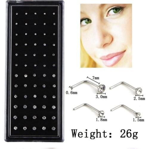 Charm 60pcs/set Stainless Steel CZ Crystal L Shape Nose Ring Body Piercing Stud Rings Wholesale #281671