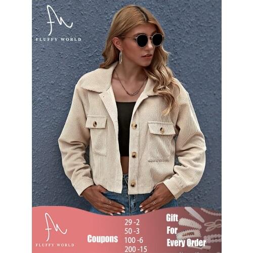 Women Jacket Solid Button Pockets Turn-Down Collar Long Sleeve Corduroy Short Jacket Casual Women Clothes Autumn Winter 2021