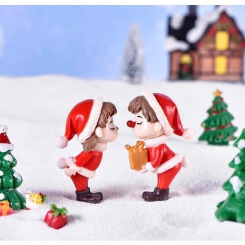 2Pcs Mini Christmas Couple Figure Doll DIY Garden Bonsai Decor Ornament Kid Toy Miniature Figurine People Statue Resin Craft