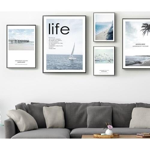 Wall Posters Nordic Seascape Canvas Painting Life Palm Trees Pictures for Living Room Frameless Wall Art Prints