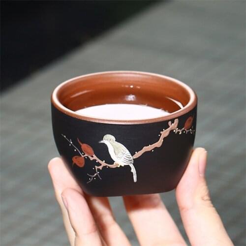 Raw Ore Purple Clay Hand Painted Master Cup Creative Carved Bird Flower Tea Cup Chinese Kung Fu Handmade Tea Set Drinkware